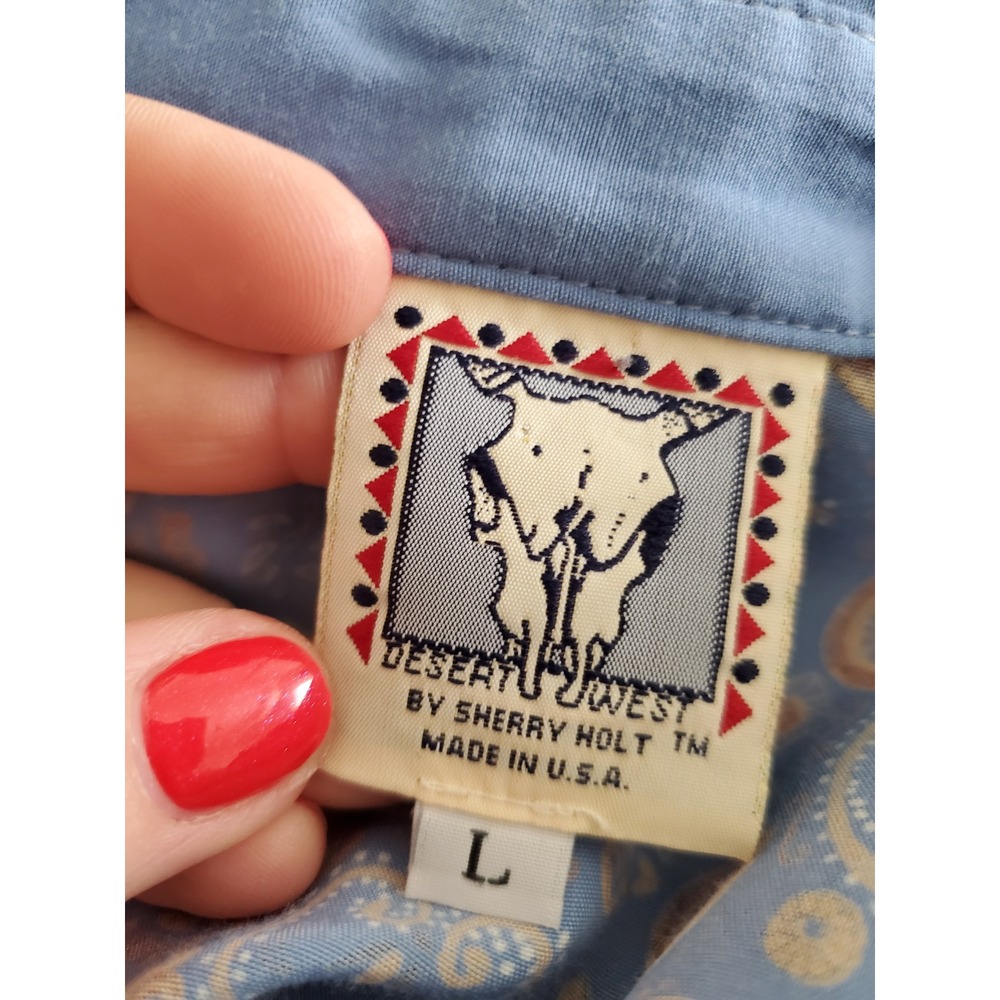 VTG Desert West by Sherry Holt Western Top‎ L Blue Cowgirl Silver Heart Buttons - Picture 3 of 10